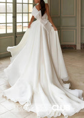 Maud |Long Fall Wedding Dresses Near Me With A - Line One - Shoulder Organza Sweep Train Appliques Lace - Price #price_variant_lowest# - White - PromDressClub